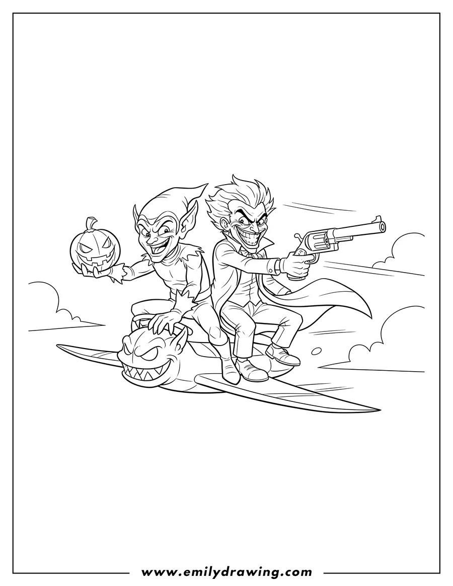 Full page coloring image of green Goblin and Joker, both fighting and laughing while flying on a glider, armed with a pumpkin bomb and a gun
