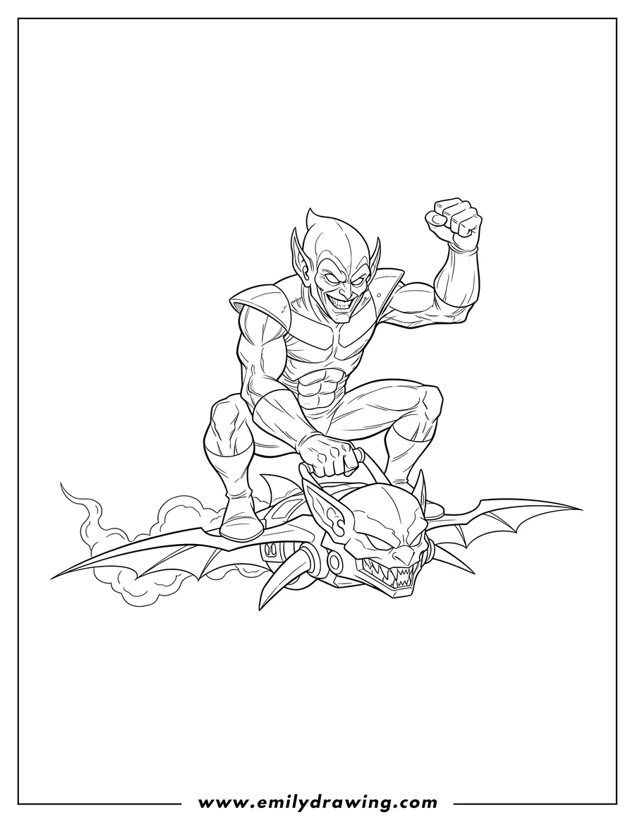 Printable line art of green Goblin crouching on his glider with a menacing expression and raised fist