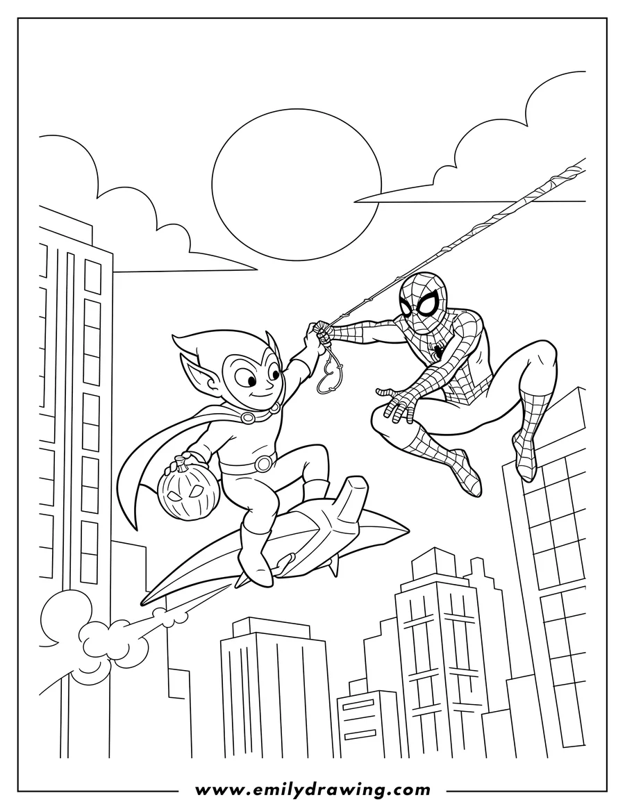 Coloring sheet featuring green Goblin on glider fighting Spider-Man swinging on a web in a city