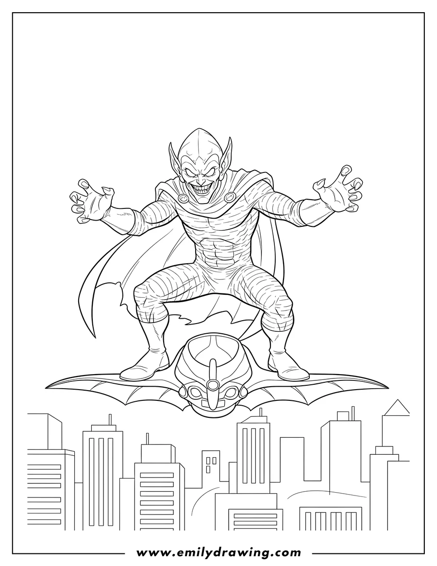 Outline drawing of green Goblin standing menacingly on his glider flying over a city