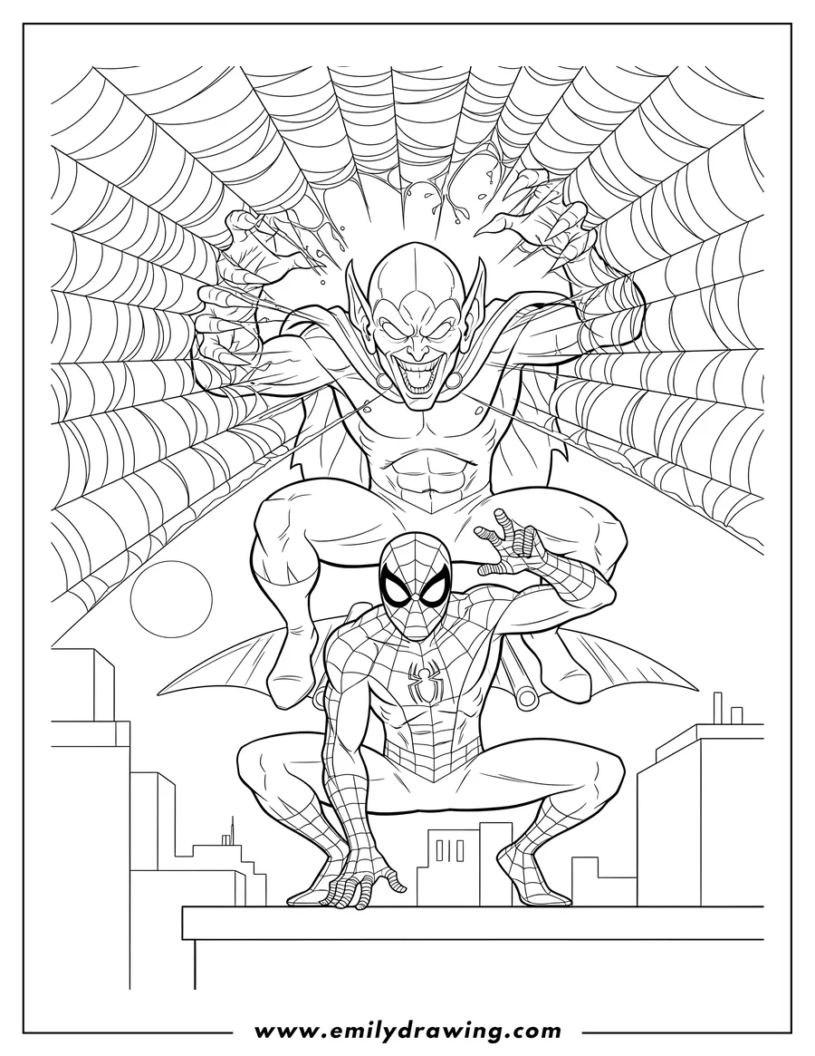 Linear illustration of green Goblin tearing Spider-Man's web while Spider-Man crouches below