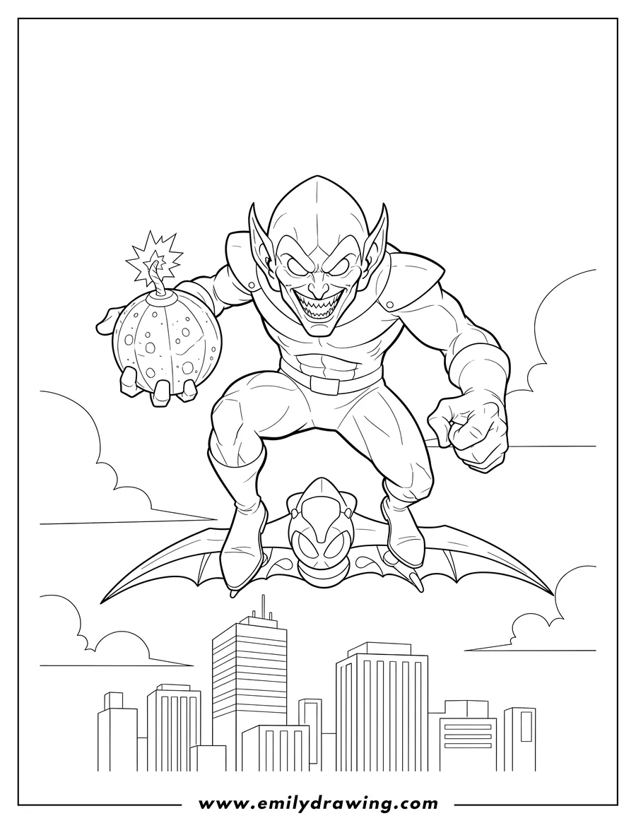 Doodle style coloring picture of green Goblin with a maniacal grin, holding a pumpkin bomb, flying on his glider
