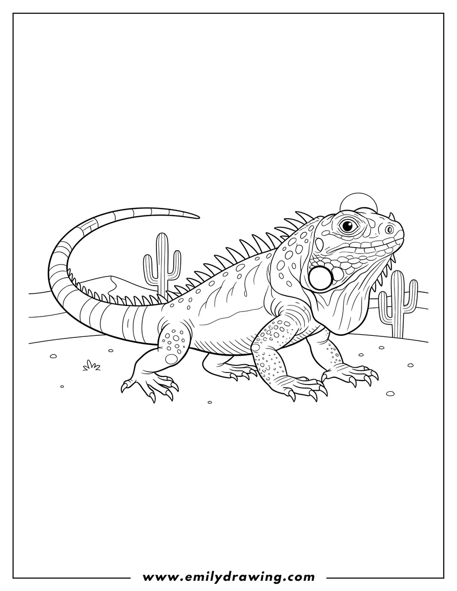 Free printable coloring sheet of green Iguana walking with a spiked back and striped tail in the desert