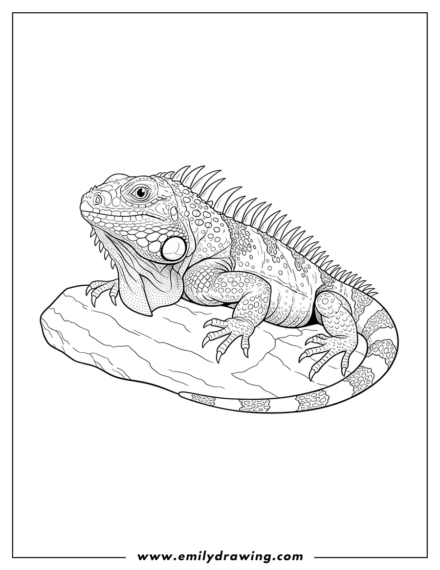 Outline drawing of green Iguana with detailed skin and spiky back, lying down