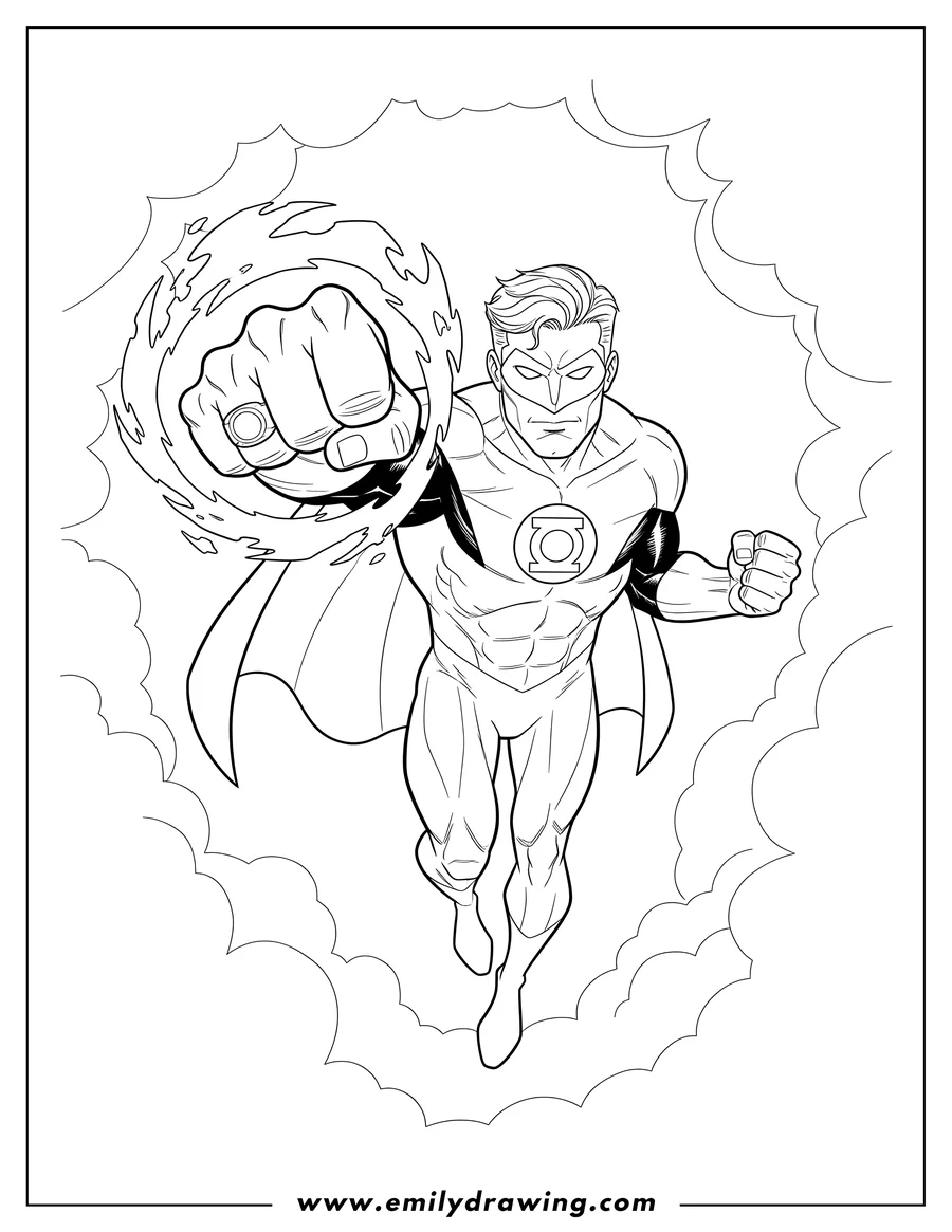 PDF style coloring page: green Lantern flying forward, punching