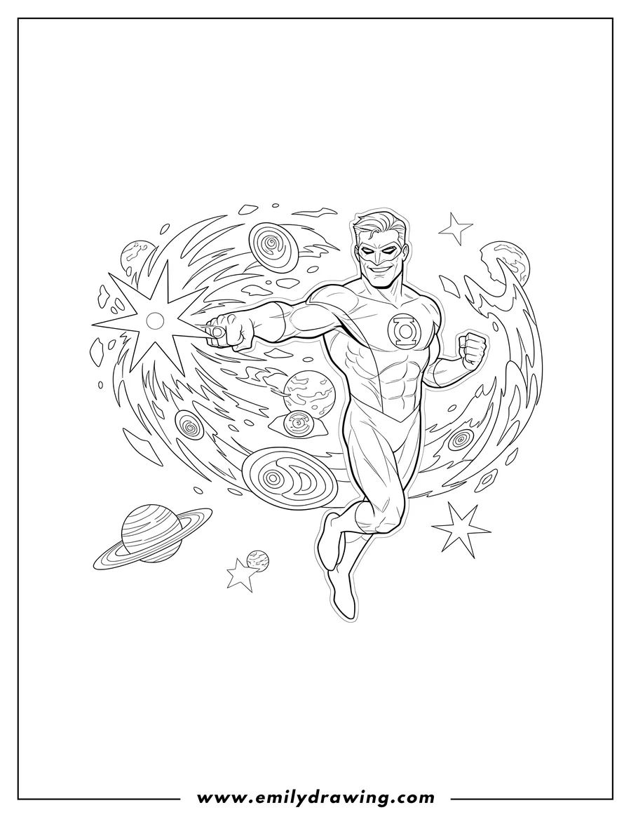 Coloring page for kids: green Lantern Outside Earth, casting a power blast