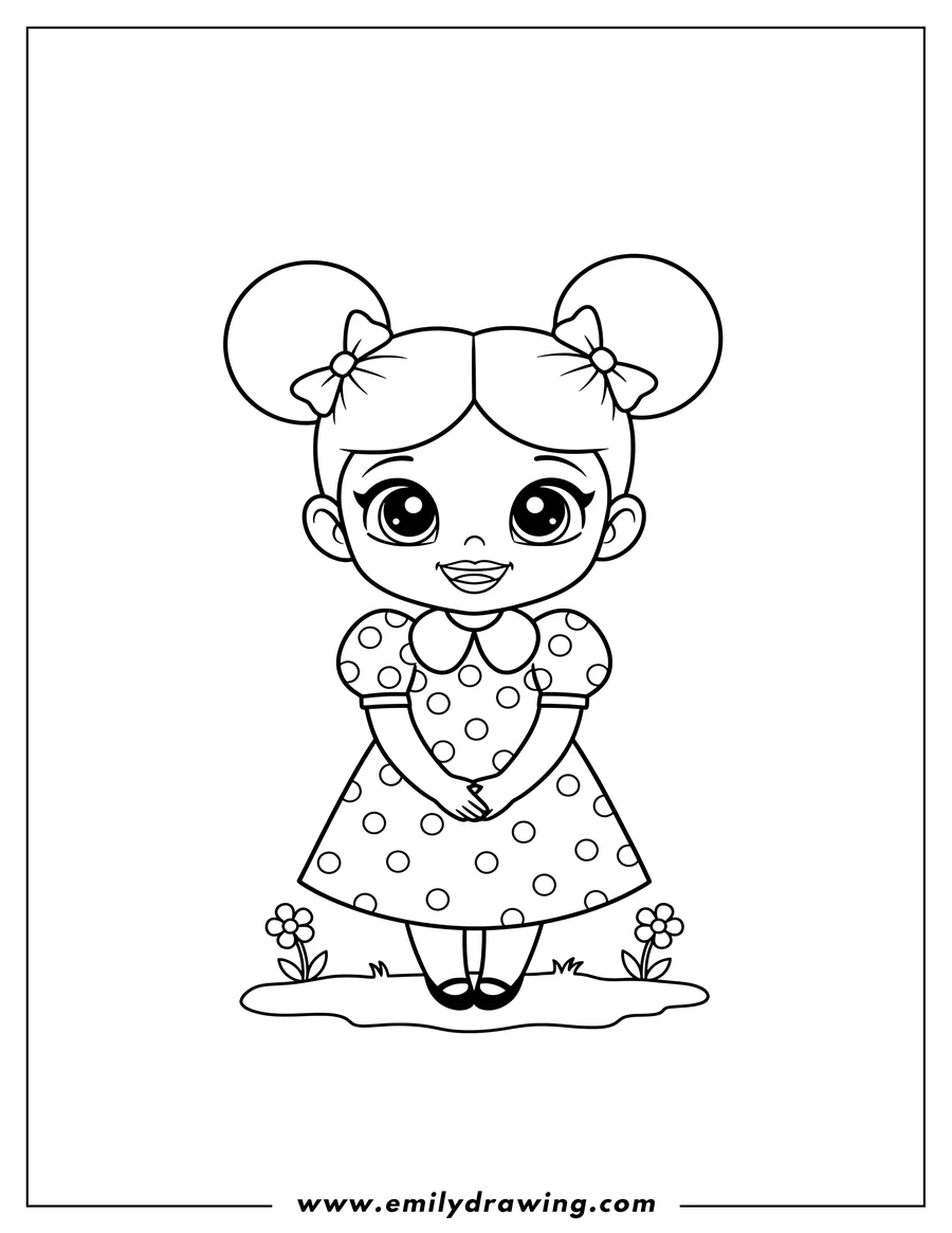 Printable line art of kawaii Gregoria smiling and standing