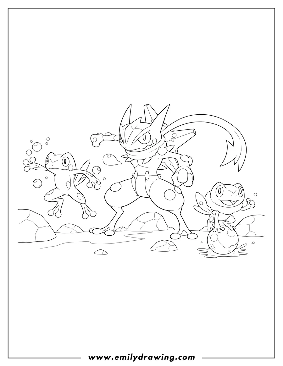 Simple sketch of the Greninja evolution line, with Mega Greninja, Frogadier, and Froakie striking dynamic action poses to color