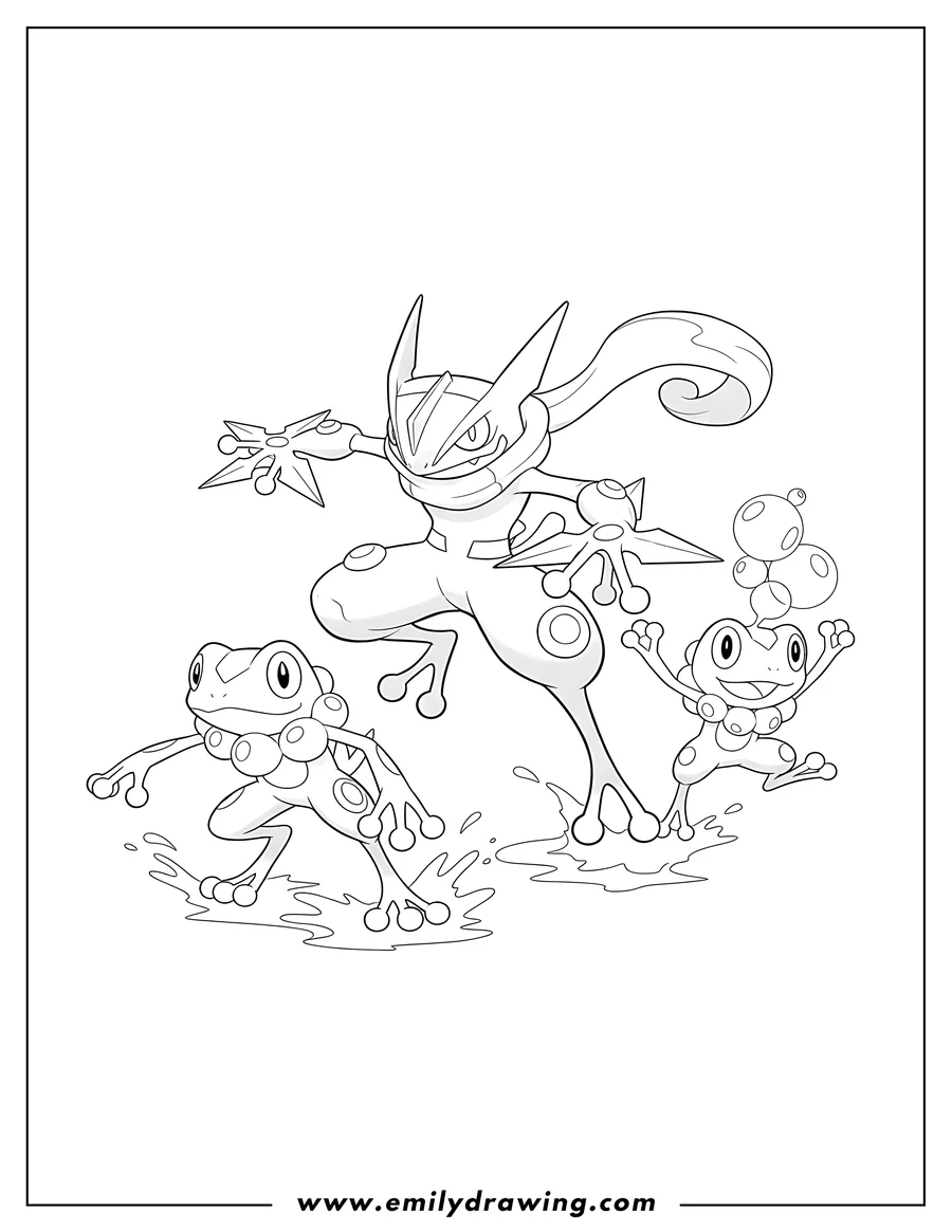 Printable line art of greninja, Froakie, and Frogadier in dynamic poses