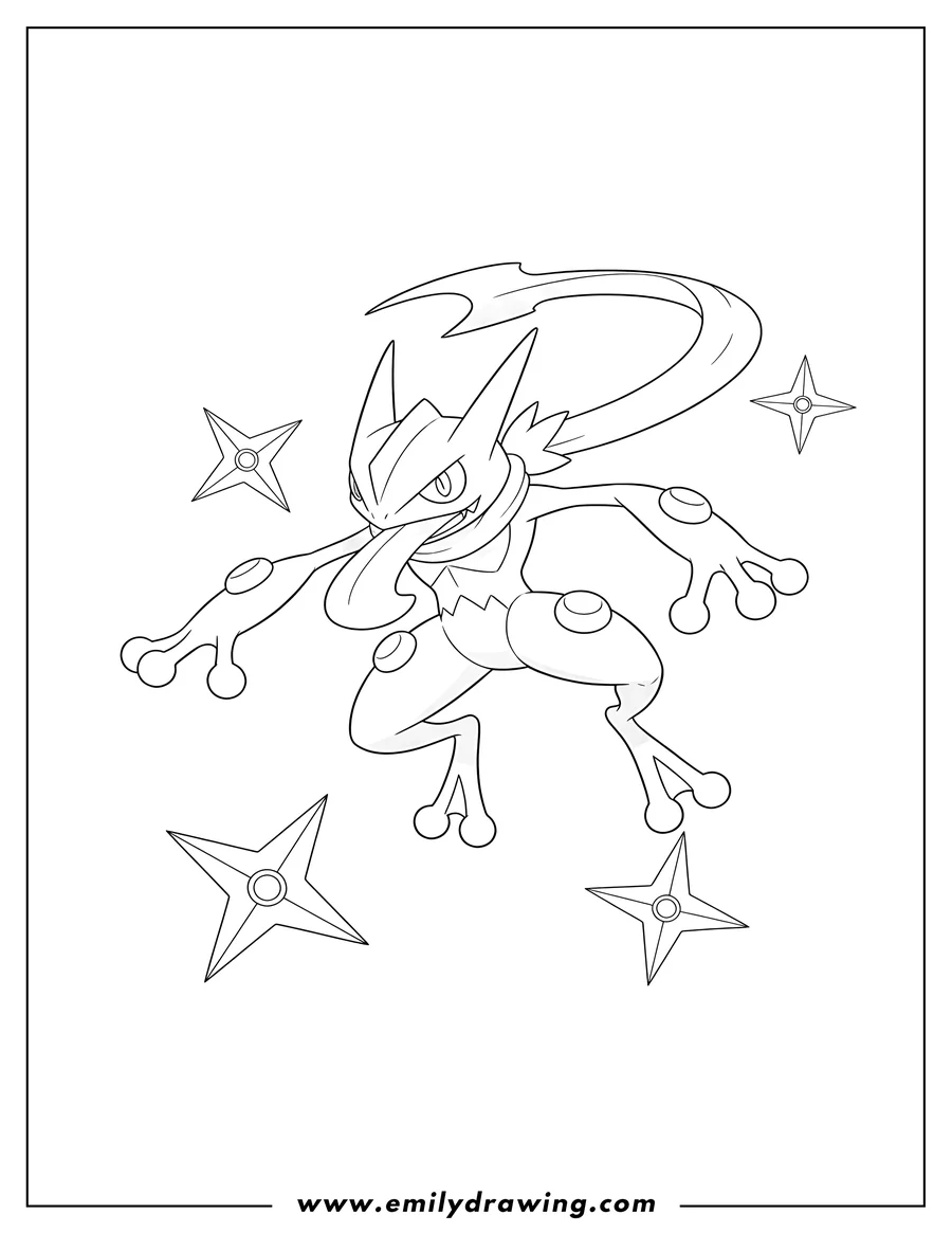 Coloring page of greninja leaping with outstretched limbs, surrounded by shuriken