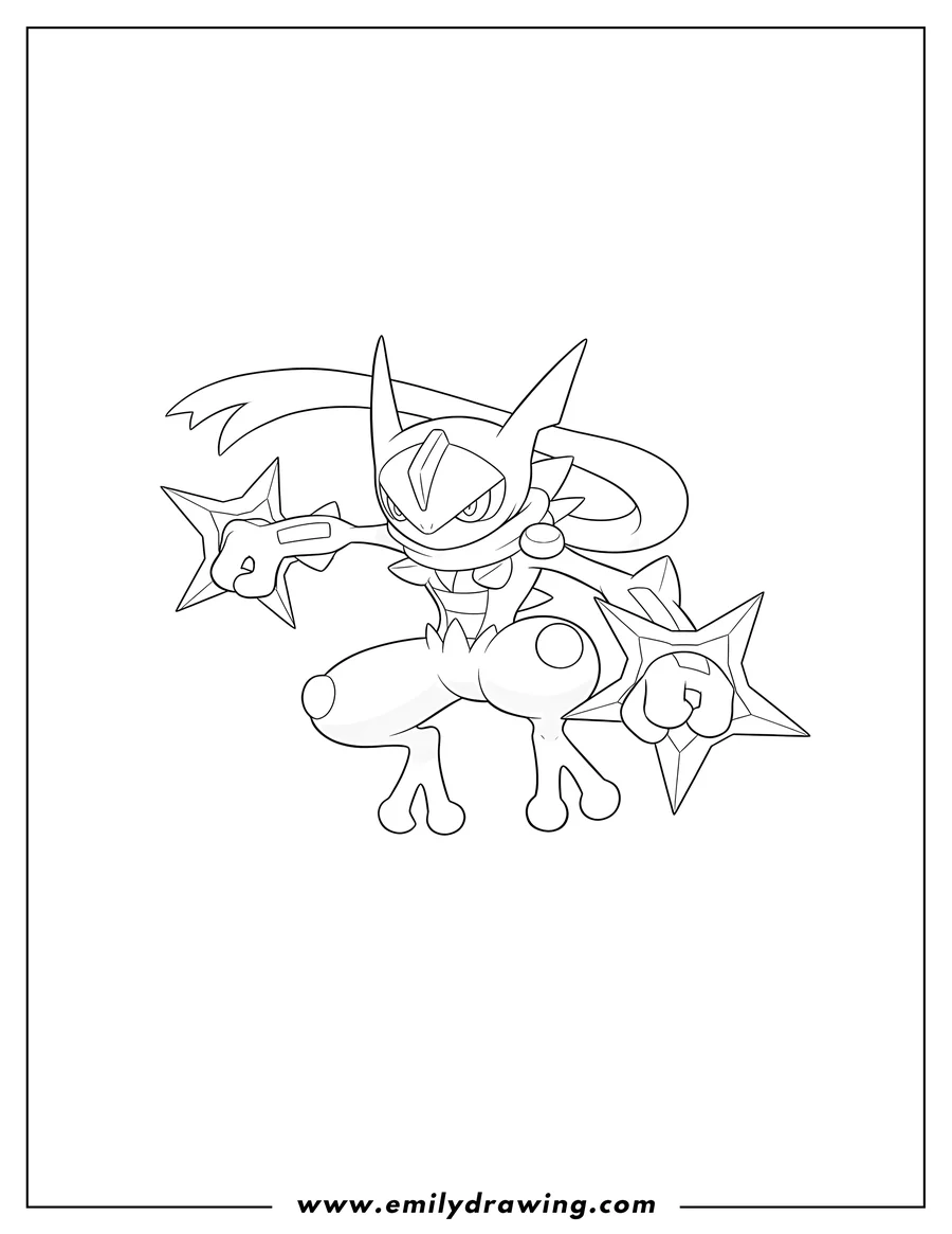 Simple sketch of greninja Pokemon To Color, leaping to color