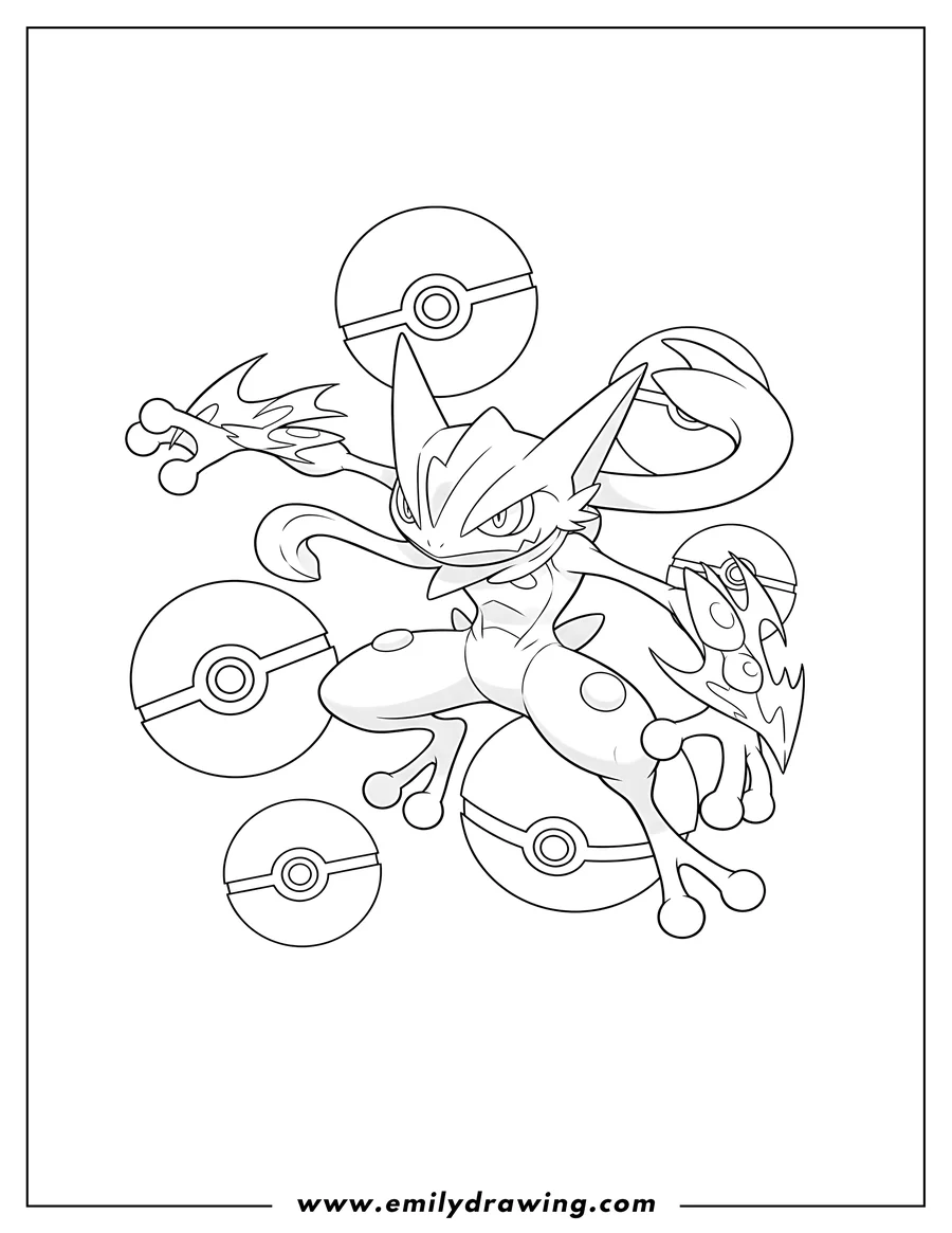 Clean line drawing: greninja leaping in an active pose with a determined expression, with Pokeballs in the background
