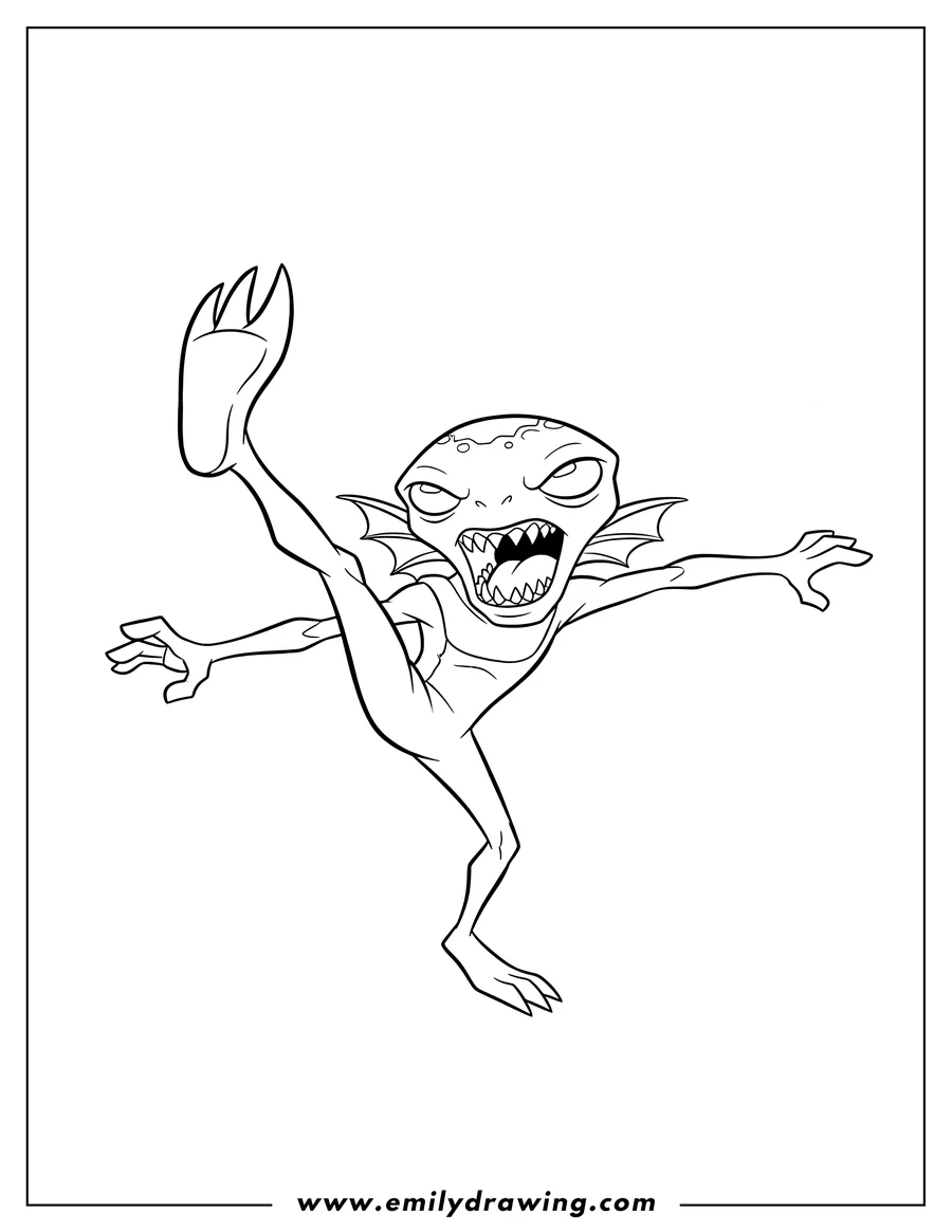 Outline drawing of ben 10 Grey Matter Doing High Kick with an open, fanged mouth and outstretched arm