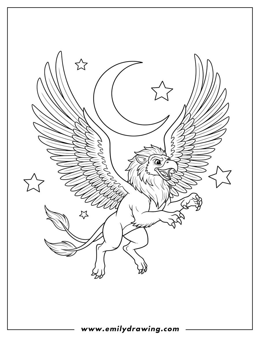 Outline drawing of griffin Flying Night Sky with spread wings, open mouth, and extended talons
