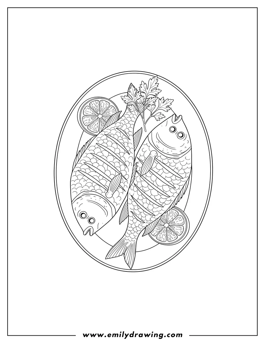 Full page coloring image of grilled Fish: Two scaled fish on a plate with lemon and parsley