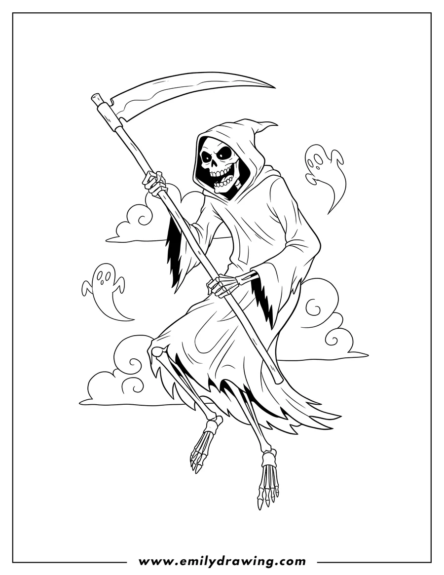 Free to print drawing of grim Adventures Billy And Mandy Grim Reaper smiling, holding a scythe, and floating