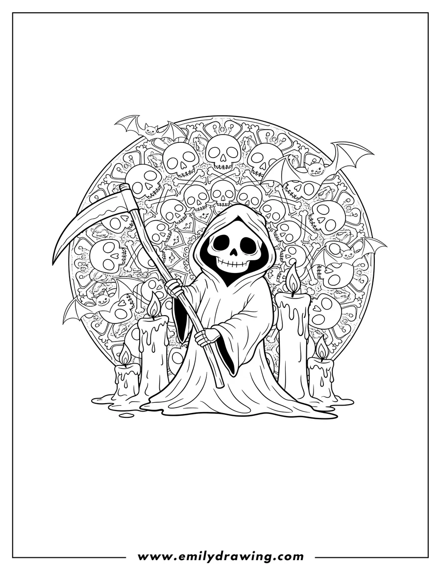 Coloring page of grim Reaper holding a scythe, surrounded by candles and bats, at the center of a skull mandala
