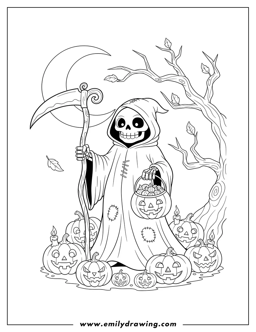 Black and white line art of A Grim Reaper holding a scythe and a pumpkin basket, standing among Jack O Lanterns