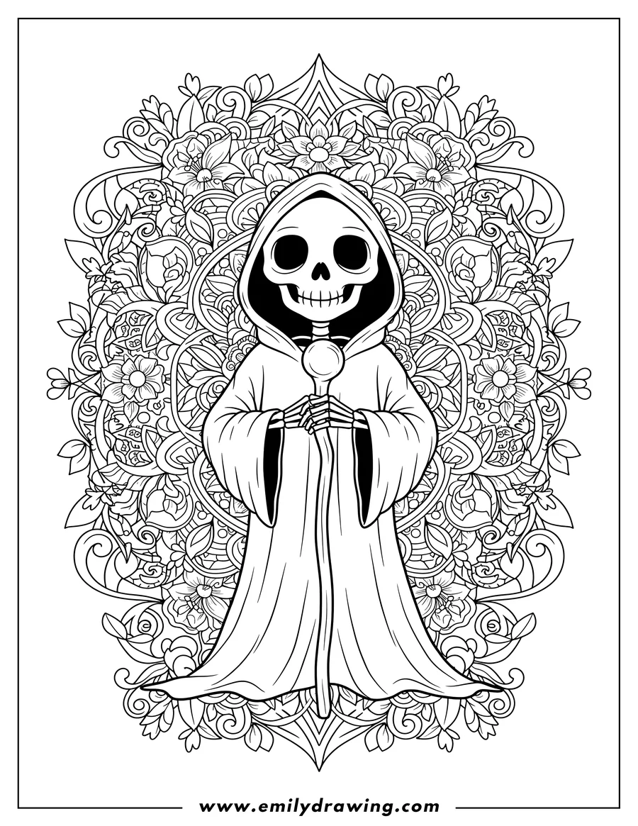Free printable coloring sheet of grim Reaper skeleton with clasped hands in a floral mandala