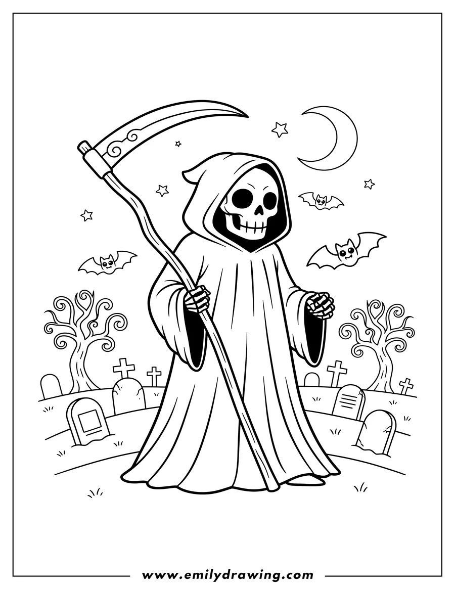 Full page coloring image of grim Reaper Walking Cemetery With Bats, holding a scythe with skeletal hands