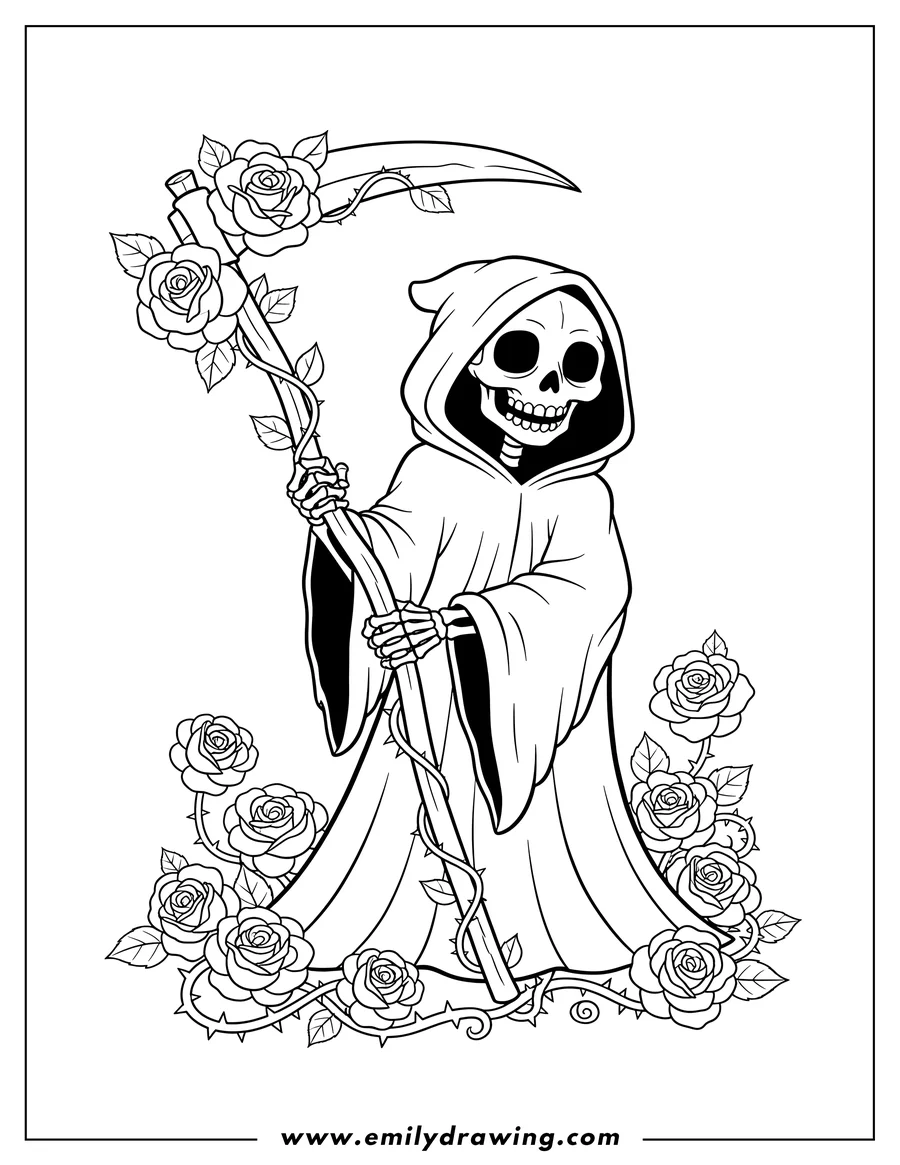 Downloadable coloring page of A skeleton Grim Reaper in a hooded cloak holding a scythe, with roses
