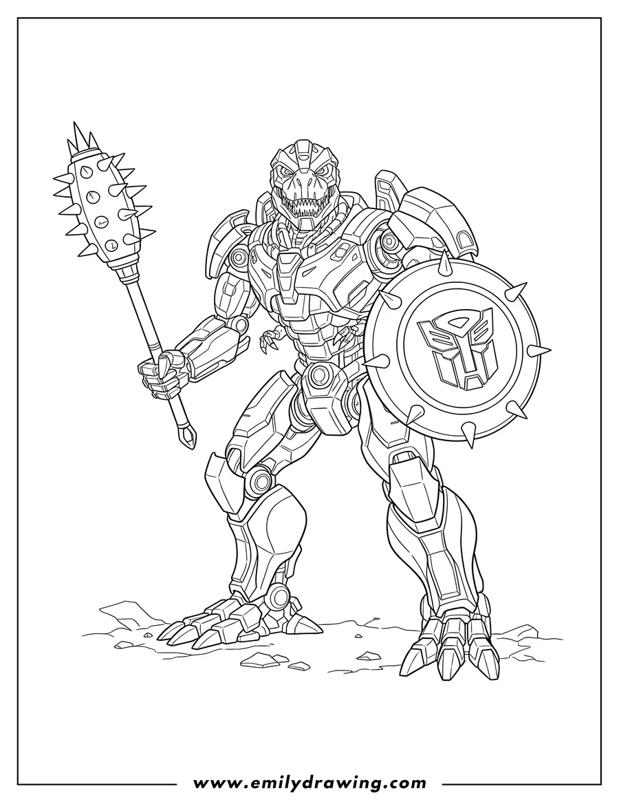 Coloring sheet featuring grimlock from Transformers Age of Extinction Movie, holding a spiked mace and shield