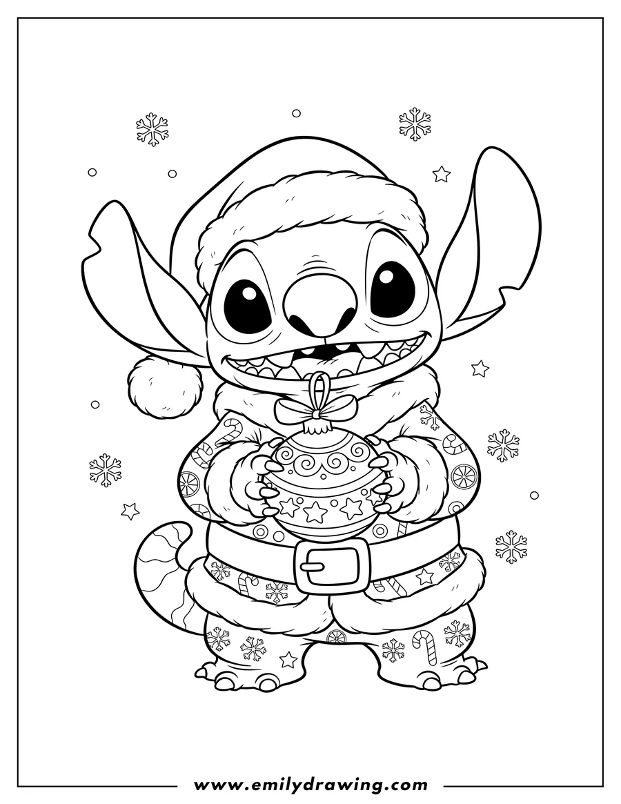 Linear illustration of grinning Stitch wearing a Santa hat and festive outfit, holding a Christmas ornament