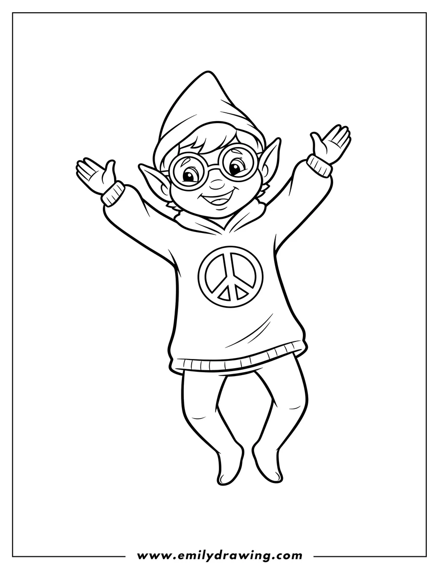 Simple sketch of groovy Looking Elf On Shelf wearing glasses and a hoodie with a peace sign, with arms raised to color