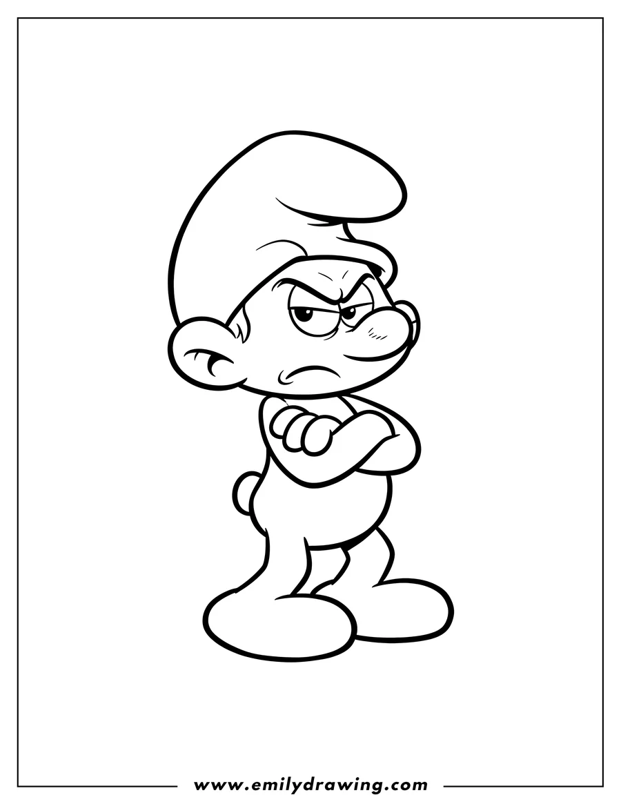Coloring sheet featuring grouchy Smurf with arms crossed and a grumpy expression