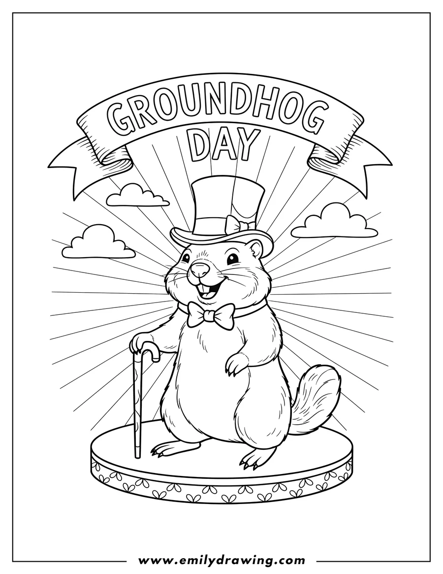 Black and white line art of groundhog Day Banner Above a Smiling Woodchuck Standing With Top Hat, Bowtie, and Cane, on a Circular Platform