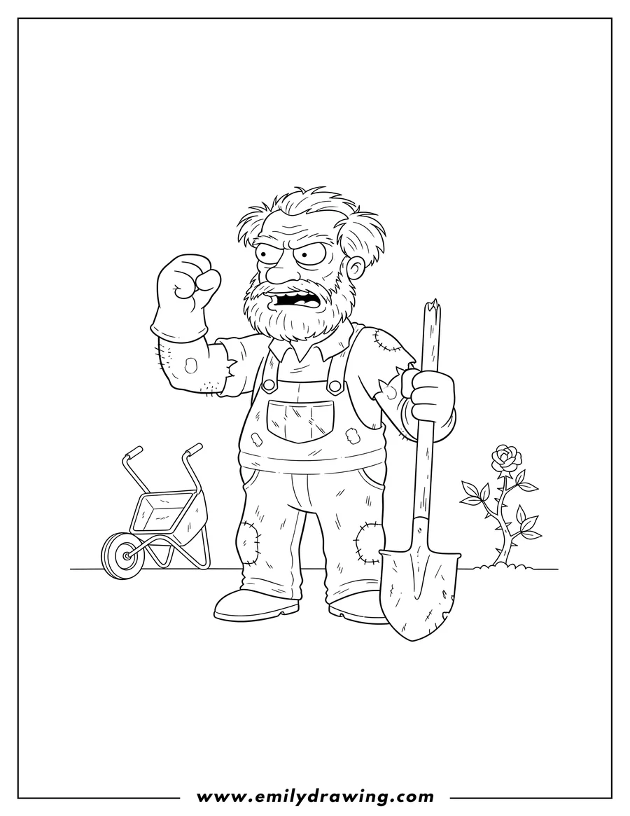 Downloadable coloring page of groundskeeper Willie angrily shaking his fist, wearing overalls and gloves, and holding a shovel