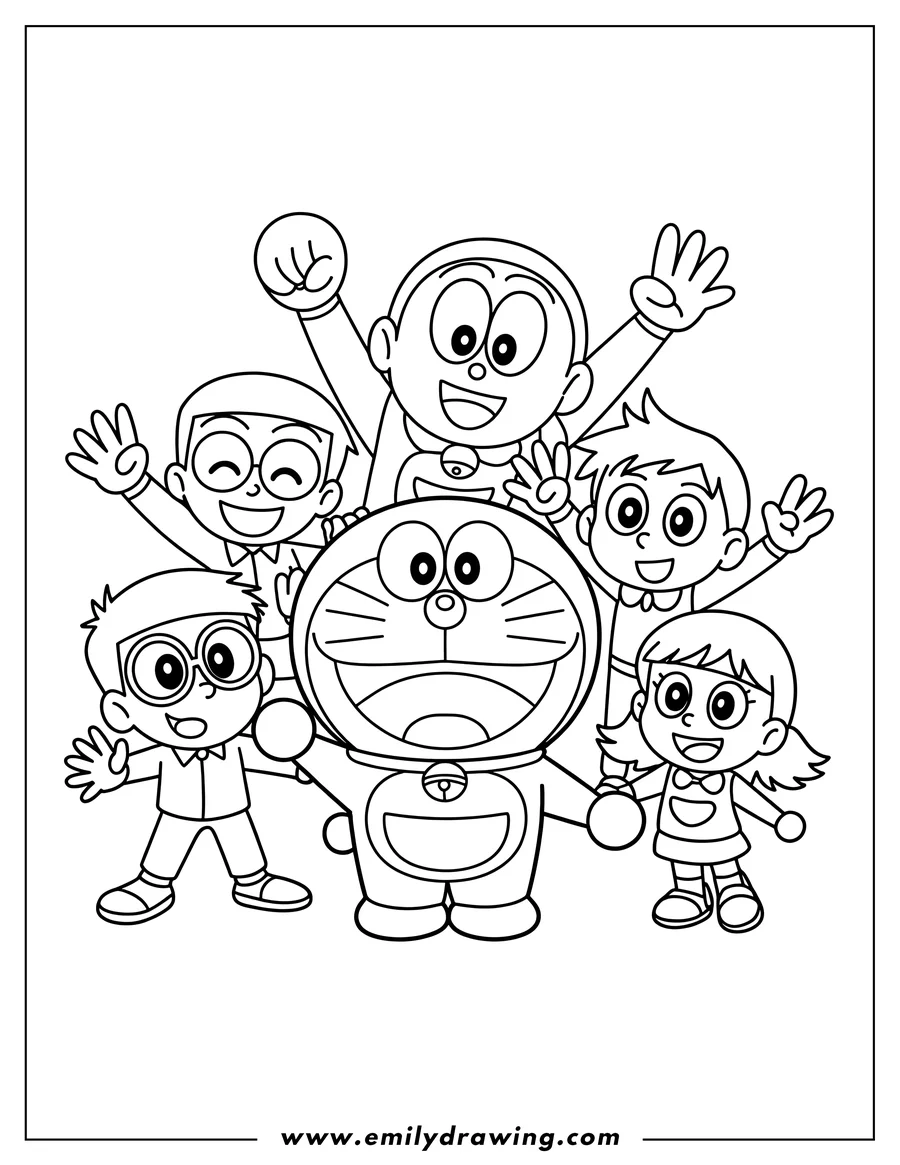 PDF style coloring page: robotic Cat (Doraemon)