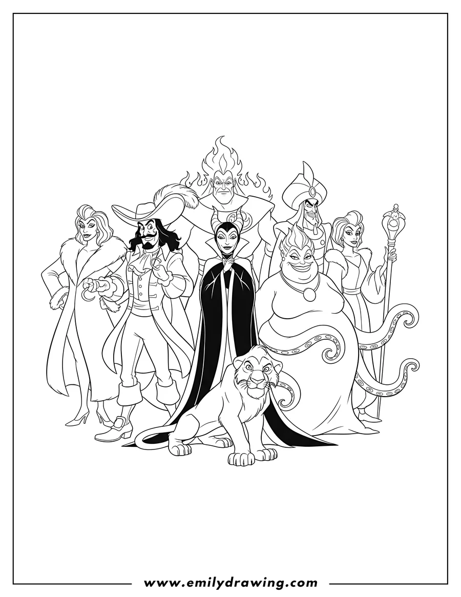 PDF style coloring page: A group of iconic Disney villains standing together
