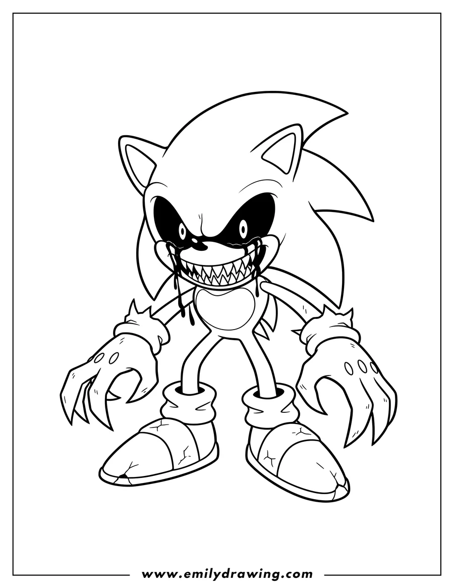 Printable line art of growling Sonic Exe with ripped gloves, sharp claws, and an open mouth showing sharp teeth