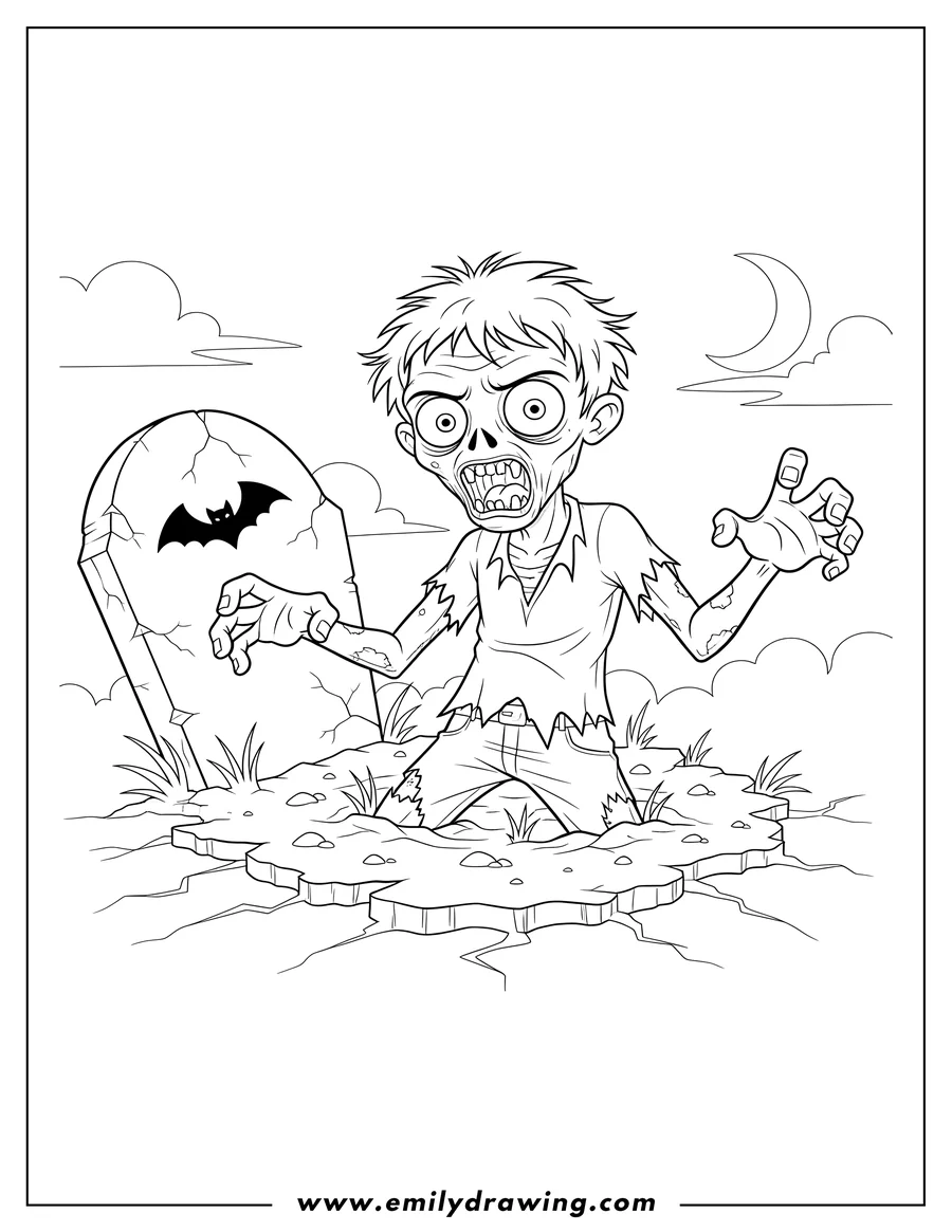 Printable coloring page of A Growling Zombie Rising from Earth with a Tombstone