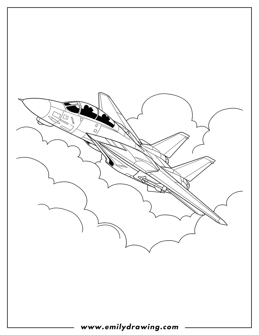 Vector style outline of grumman F 14 Tomcat Jet flying through clouds