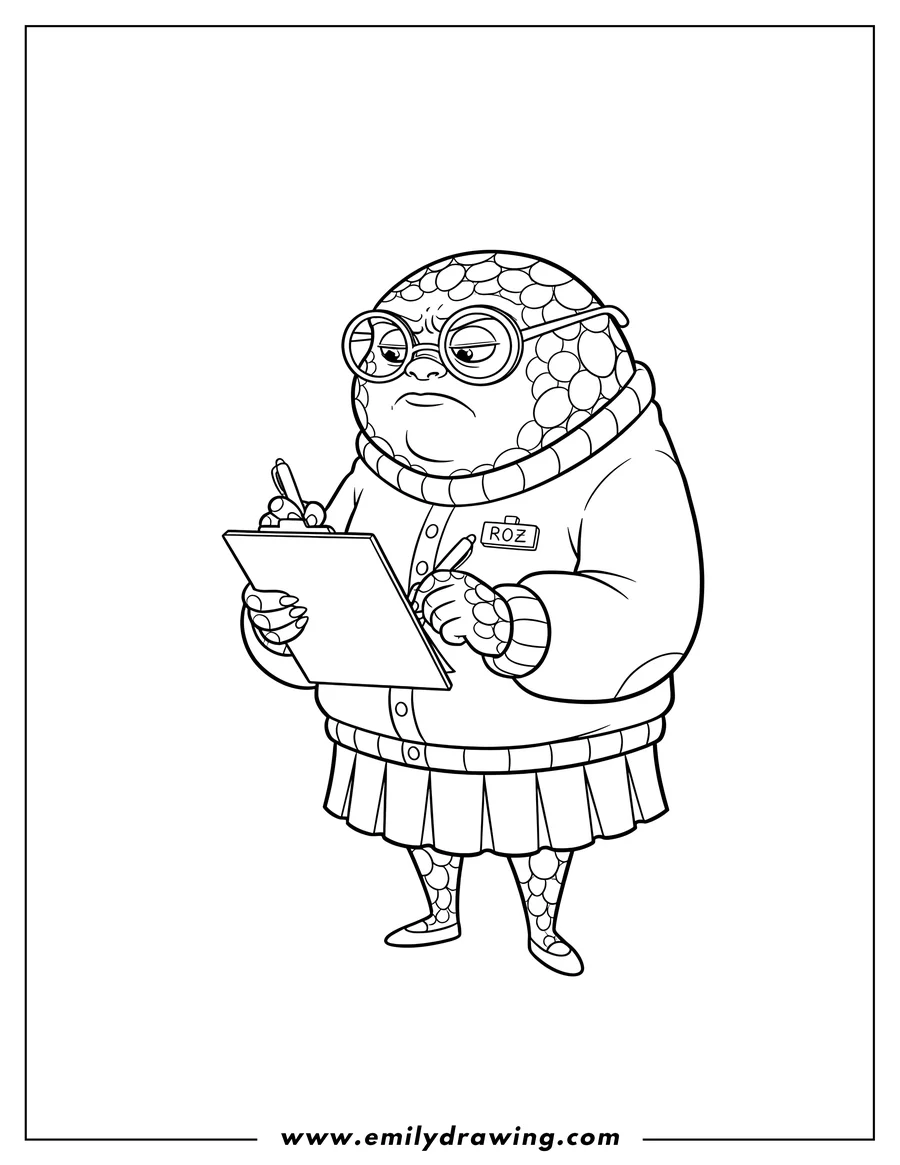 Free printable coloring sheet of grumpy Roz Scaled, wearing glasses and holding a clipboard and pen