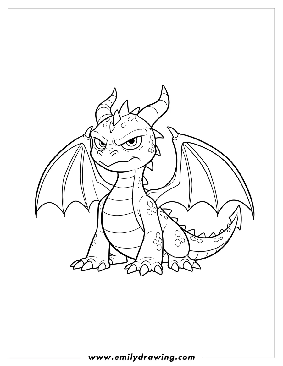 Free to print drawing of grumpy Spyro dragon outline with horns and wings