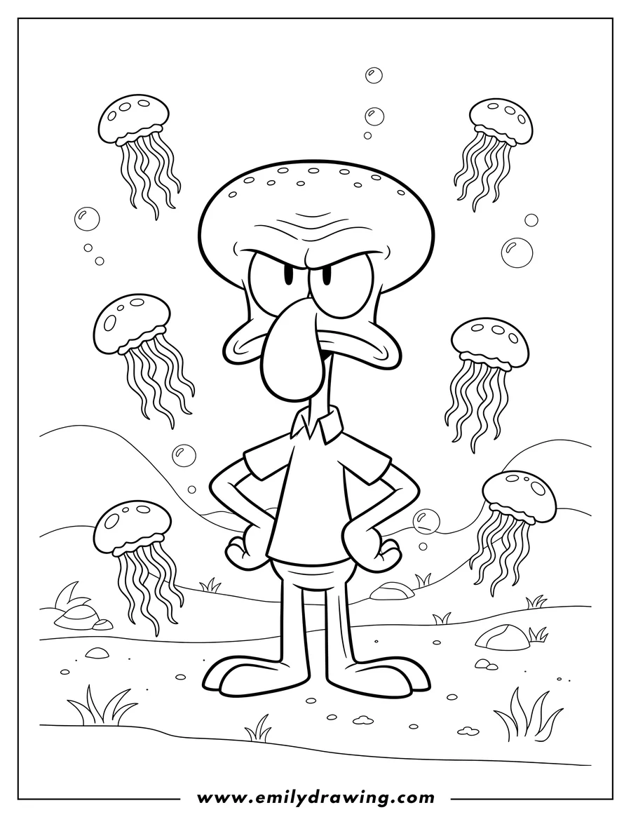 Doodle style coloring picture of grumpy Squidward with arms on waist in Jellyfish Fields, with jellyfish