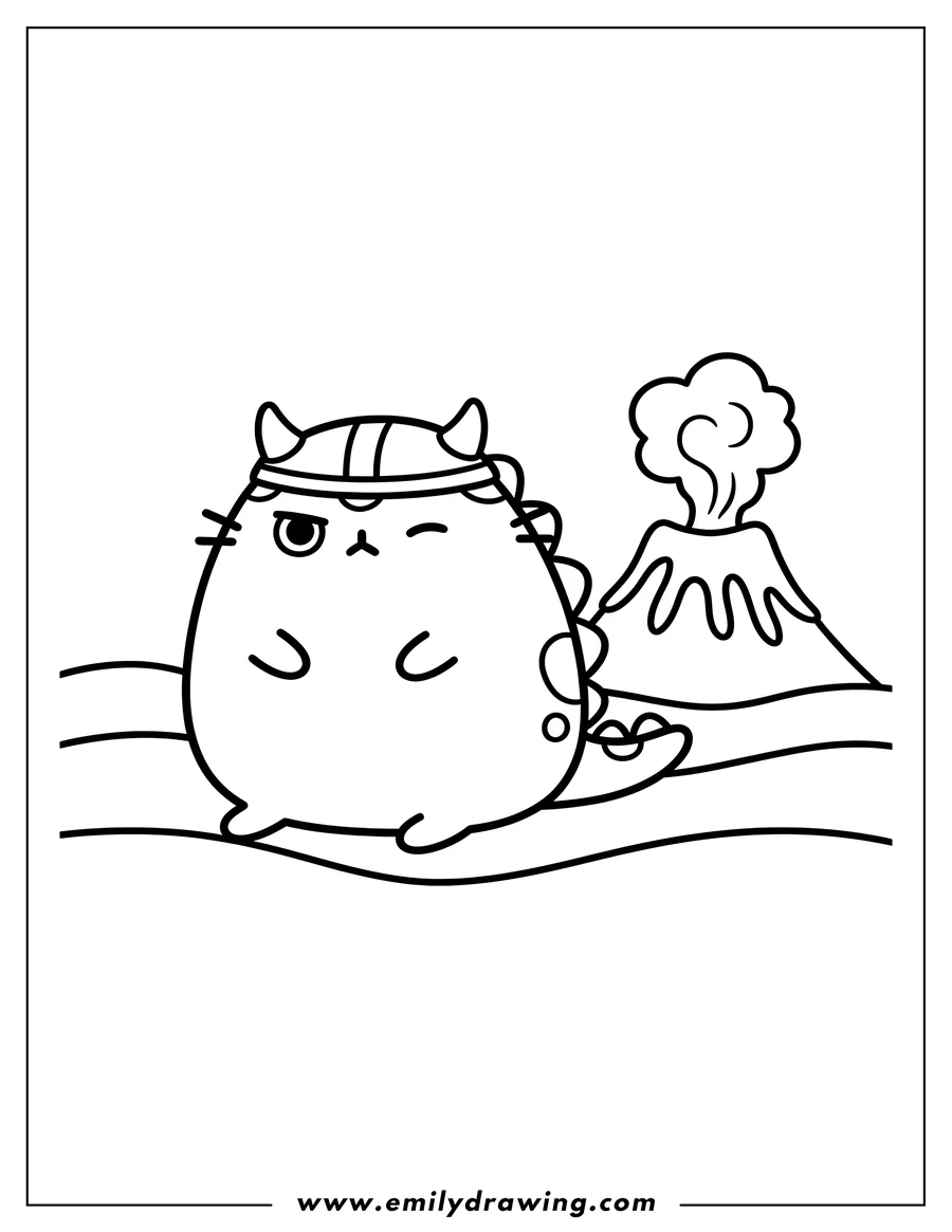 Printable coloring page of grumpy, winking Dinosaur Pusheen next to a volcano to color