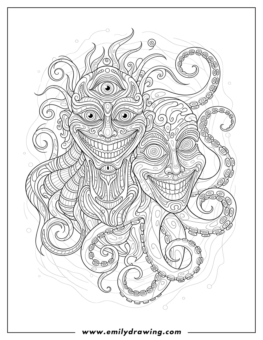 Printable line art of grunge Psychedelic Pagev2 with a grinning three-eyed creature, an octopus, and a human face
