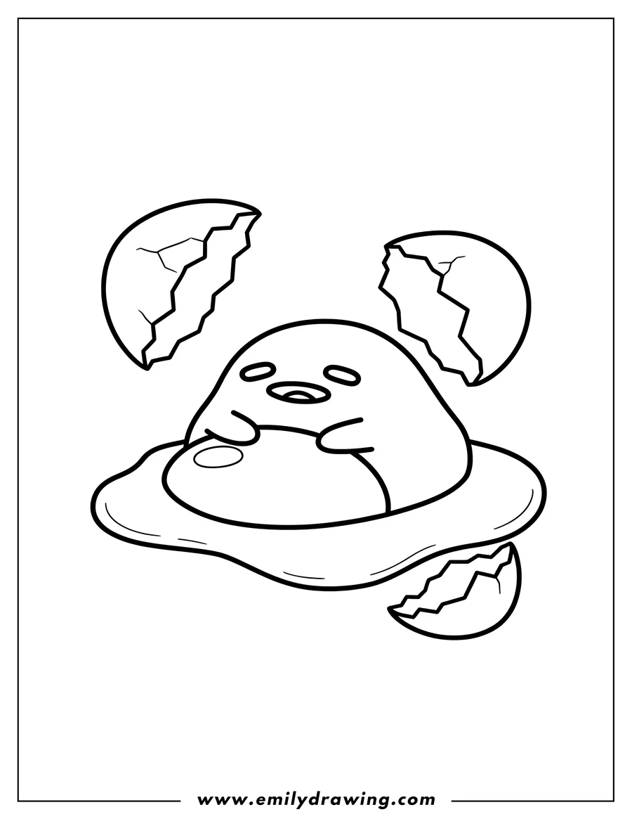 Full page coloring image of gudetama with oval eyes and wavy mouth, nestled in a yolk sac, falling from cracked eggshells