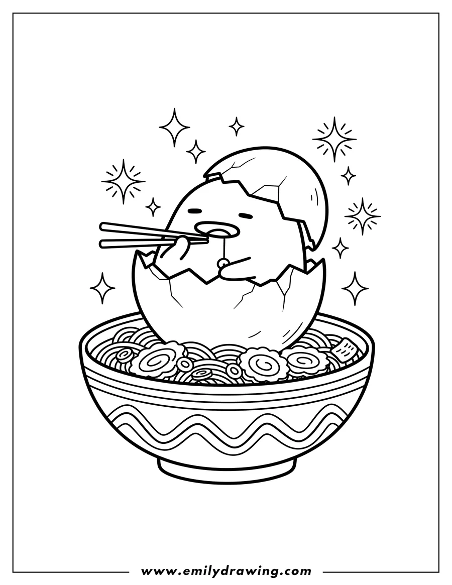Coloring page of gudetama in a cracked eggshell holding chopsticks, rising from a ramen bowl, with sparkles