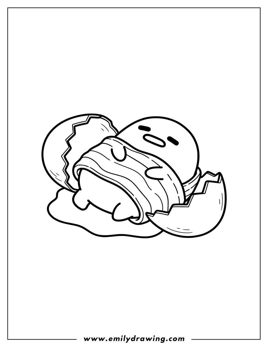 PDF style coloring page: gudetama lying down, wrapped in bacon, between cracked egg shells