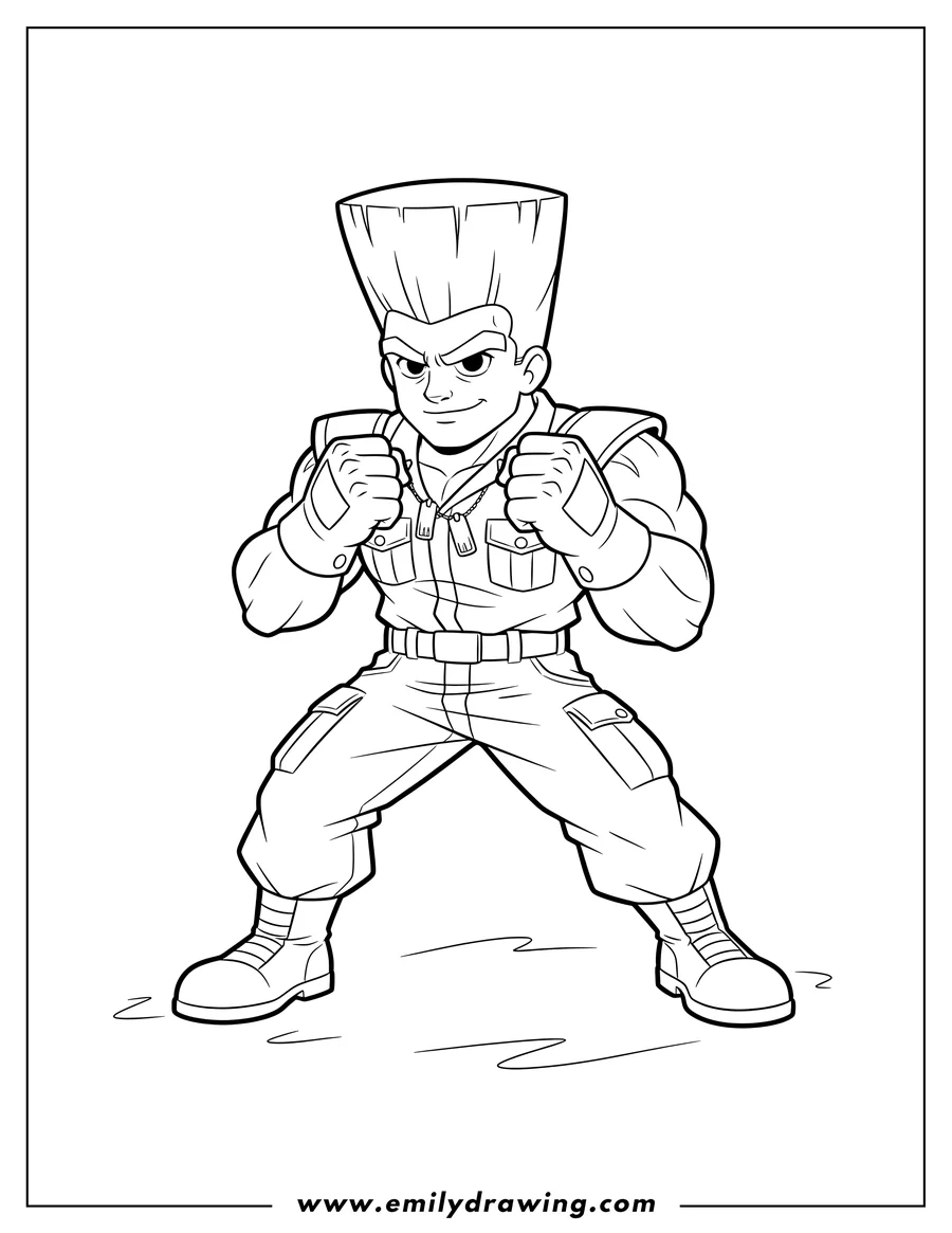 PDF style coloring page: simple Guile in a fighting pose, with clenched fists, flat-top hair, and military uniform