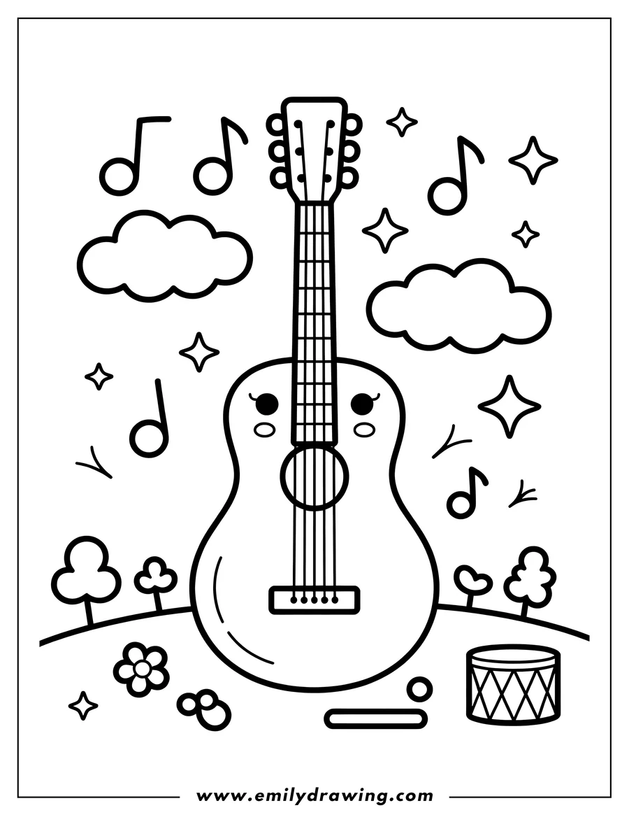 Doodle style coloring picture of guitar