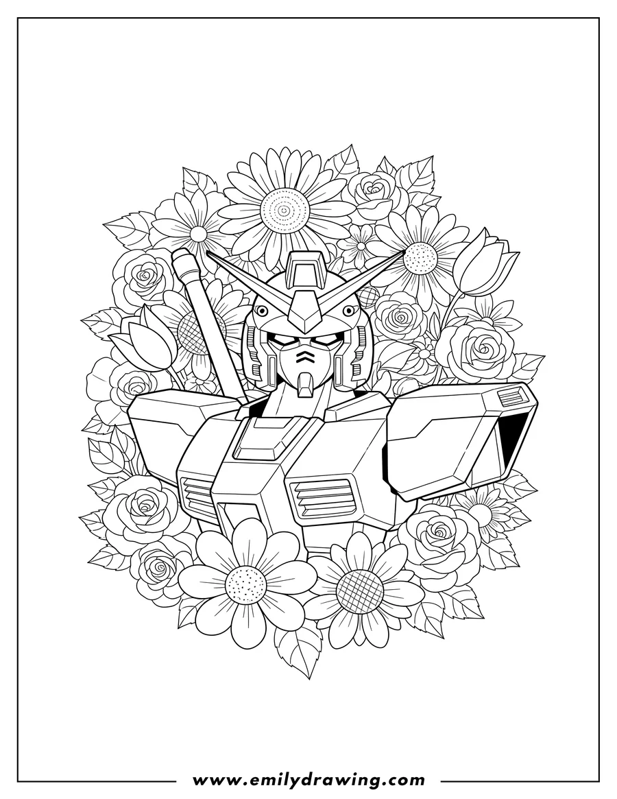 PDF style coloring page: gundam head and shoulders surrounded by many beautiful flowers