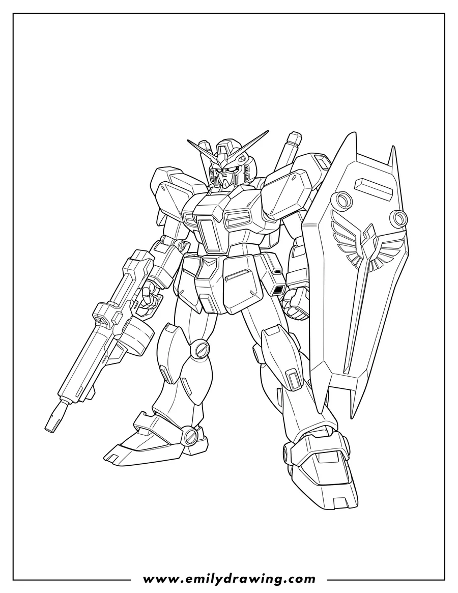 Free to print drawing of gundam Rebirth standing, holding a shield and a gun