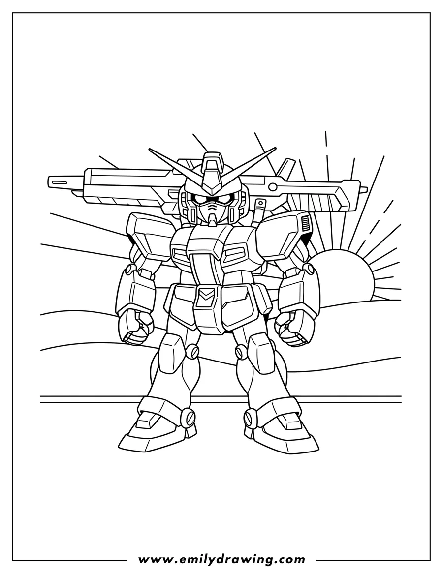 Downloadable coloring page of gundam Suit standing with clenched fists and a weapon on its back, with Sunset Background