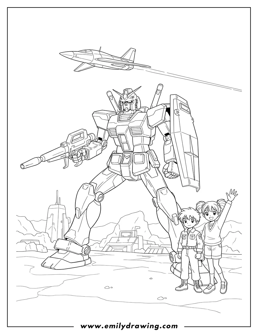 Black and white line art of gundam holding a rifle and shield, with a fighter jet flying overhead, and Amuro Ray and Frau Bow standing together, with Frau raising her hand